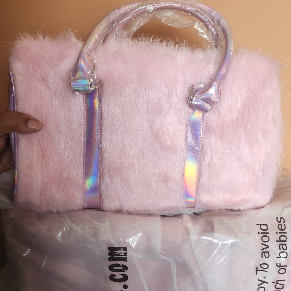 Sugar Thrillz Pink Furry Shaggadelic Bag Set with Iridescent Straps